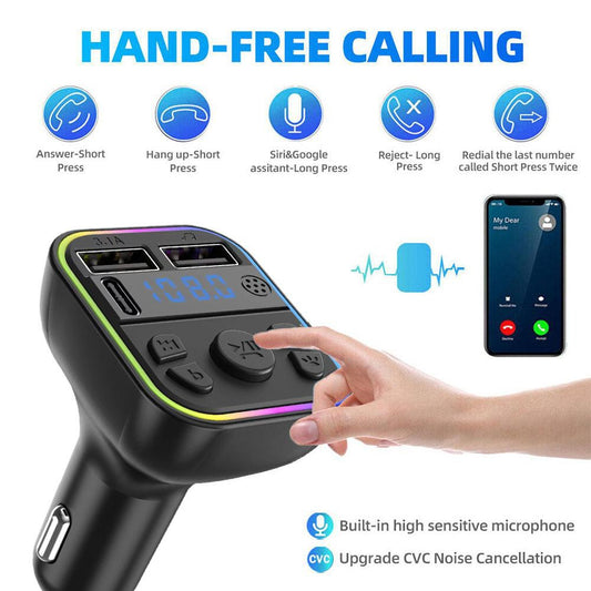 Transmisor FM portátil con Bluetooth para coche, manos libres, reproductor de música con conexión MP3 USB, cargador PD y luz de ambiente colorida