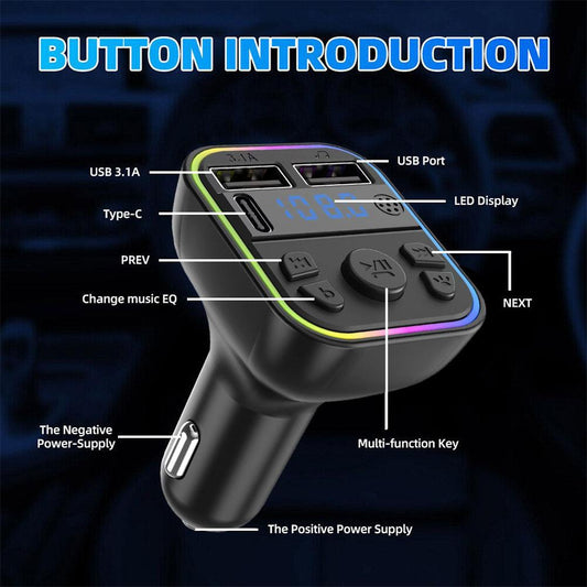 Transmisor FM portátil con Bluetooth para coche, manos libres, reproductor de música con conexión MP3 USB, cargador PD y luz de ambiente colorida